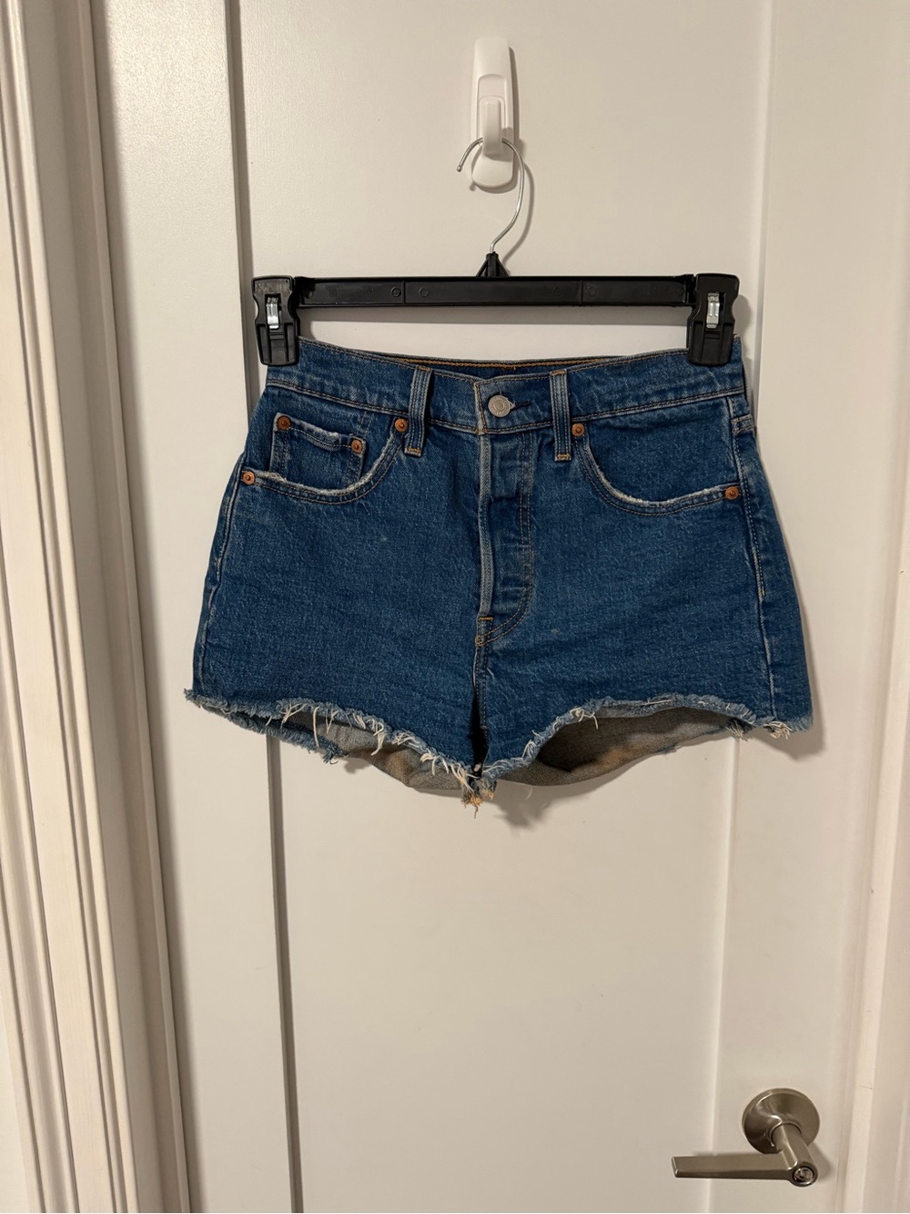 Levi's Dark Blue Frayed Denim Cutoff Shorts